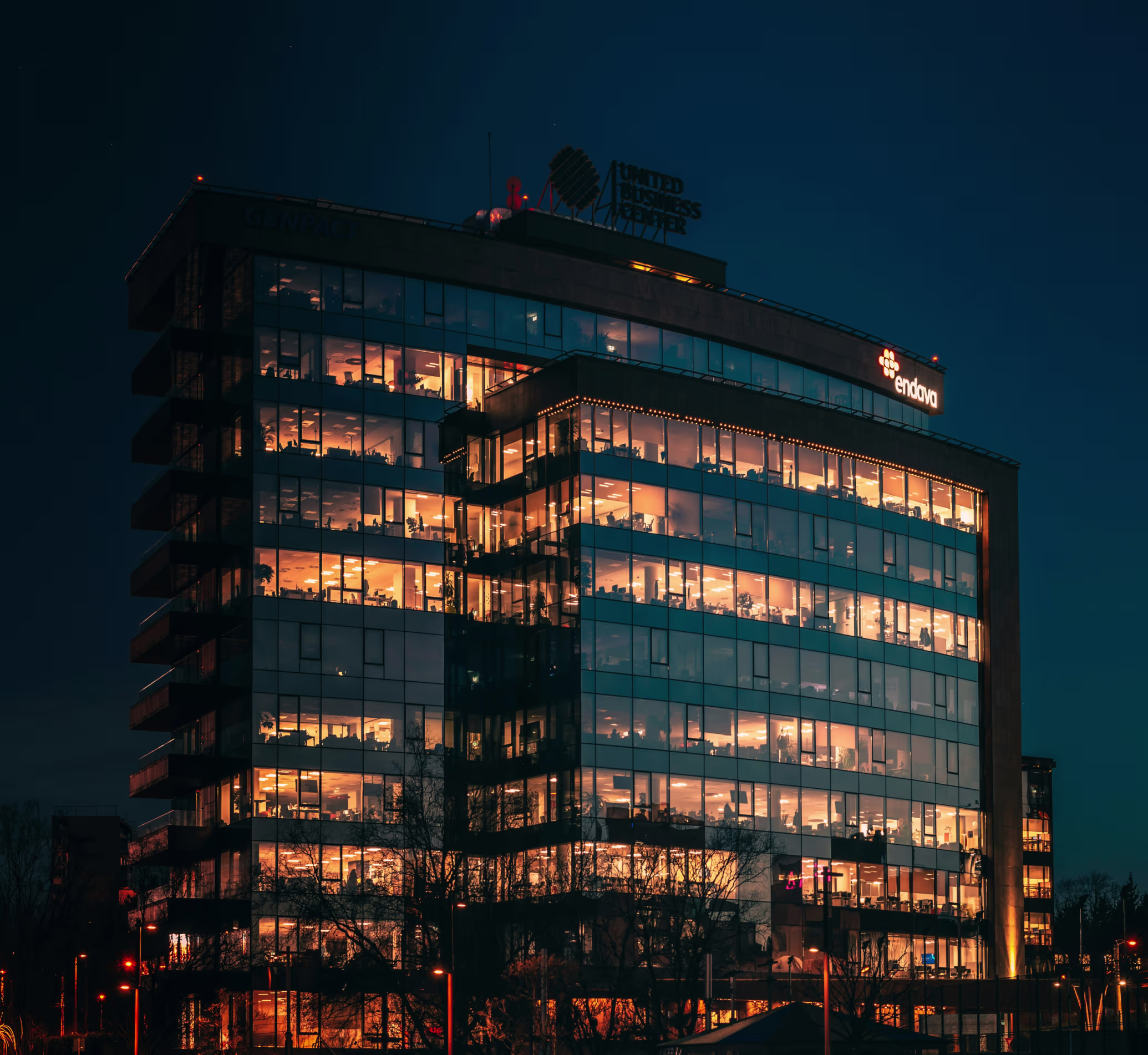 Modern office building at night
